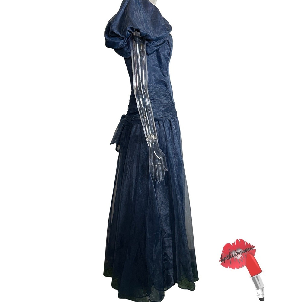 Vintage Taffeta Formal Gown Women 10 60s Navy Blue Puff Sleeves Prom Tea Dress‎ - Picture 7 of 16